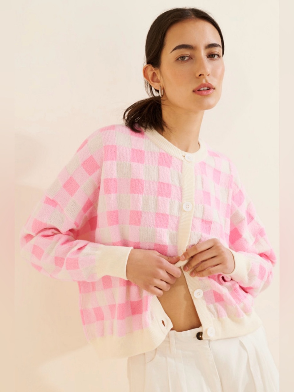 FRNCH Gingham Padina Cardigan in Pink and Cream